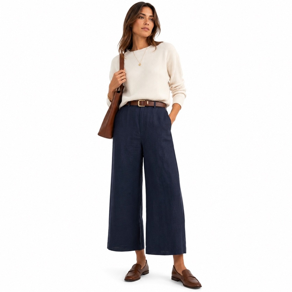 Vince Navy Linen Blend Wide Leg Cropped Pants Quiet Luxury Navy Blue Size 8